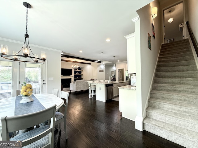 420 Manor Ridge Vw, Alpharetta, GA 30004 - stairs with a chandelier, crown molding, wood finished floors, recessed lighting, and baseboards