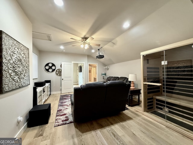 420 Manor Ridge Vw, Alpharetta, GA 30004 - cinema room featuring a ceiling fan, vaulted ceiling, light wood-style floors, baseboards, and recessed lighting