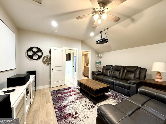 420 Manor Ridge Vw, Alpharetta, GA 30004 - living area with light wood-style floors, vaulted ceiling, ceiling fan, and baseboards