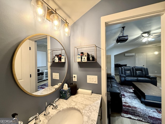 420 Manor Ridge Vw, Alpharetta, GA 30004 - bathroom with lofted ceiling, ceiling fan, a wall unit AC, wood finished floors, and vanity