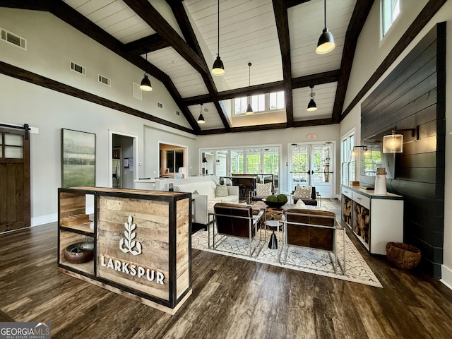 420 Manor Ridge Vw, Alpharetta, GA 30004 - living area featuring dark wood-type flooring, high vaulted ceiling, baseboards, beamed ceiling, and a barn door
