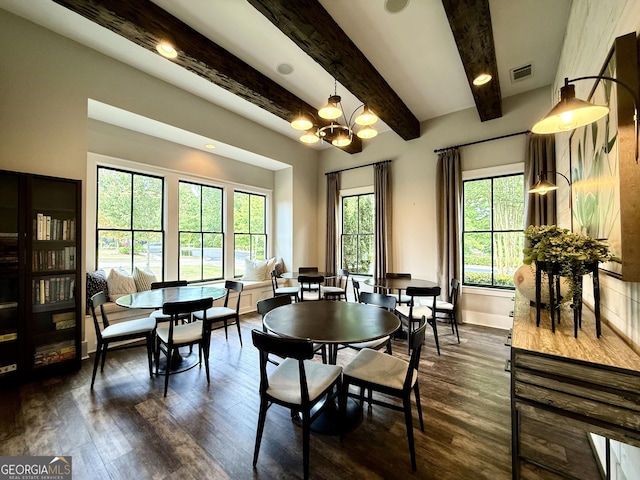 dining area with visible vents, beamed ceiling, baseboards, dark wood-style floors, and a chandelier