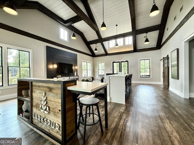 interior space with baseboards, open floor plan, dark wood-type flooring, and a spacious island