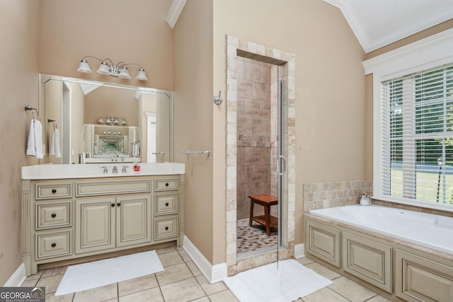 full bath featuring crown molding, a garden tub, a stall shower, and a healthy amount of sunlight