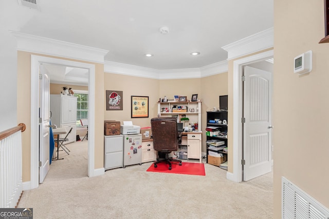 carpeted office space featuring visible vents, ornamental molding, baseboards, and recessed lighting