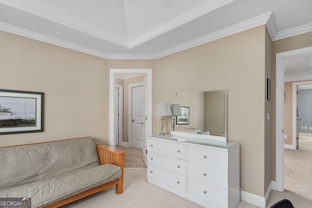 living area featuring baseboards, ornamental molding, and light colored carpet