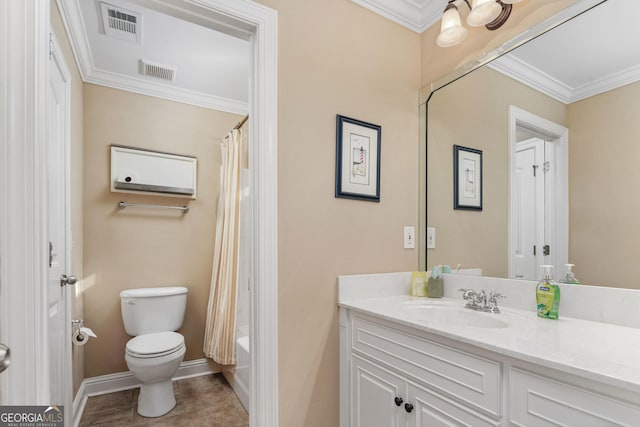 bathroom with crown molding, toilet, visible vents, and vanity