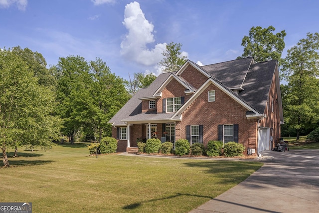 view of front of home featuring a porch, driveway, a front lawn, and brick siding