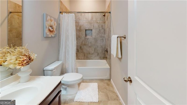 bathroom with vanity, toilet, shower / bath combination with curtain, and tile patterned floors