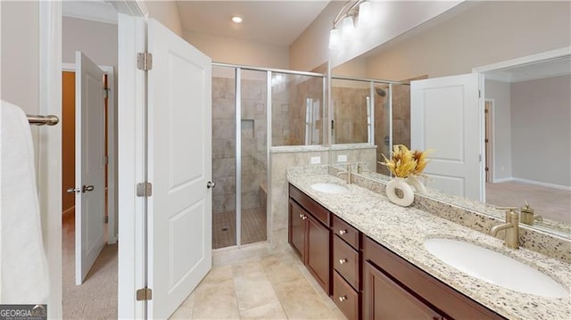 bathroom featuring a stall shower and double vanity