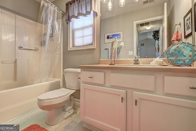 bathroom with toilet, visible vents, shower / bath combo, and vanity