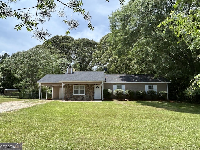54 Mount Zion Church Rd, Lagrange, GA 30241 - single story home featuring stone siding, dirt driveway, a chimney, and a carport