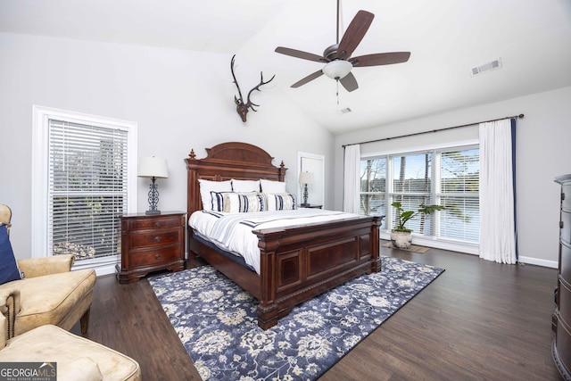 302 Odom Dr, Hamilton, GA 31811 - bedroom featuring wood finished floors, high vaulted ceiling, and ceiling fan