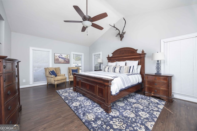 302 Odom Dr, Hamilton, GA 31811 - bedroom with dark wood-type flooring, high vaulted ceiling, ceiling fan, and baseboards