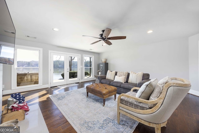 302 Odom Dr, Hamilton, GA 31811 - living area with recessed lighting, a ceiling fan, dark wood finished floors, french doors, and baseboards