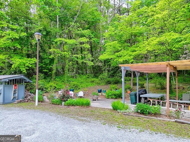 view of yard featuring a pergola, a patio area, and a view of trees