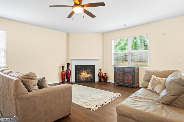 138 Yonah Way, Dallas, GA 30132 - living room featuring a ceiling fan, wood finished floors, baseboards, and a fireplace with flush hearth