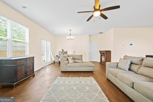138 Yonah Way, Dallas, GA 30132 - living area with a chandelier, ceiling fan, wood finished floors, and baseboards