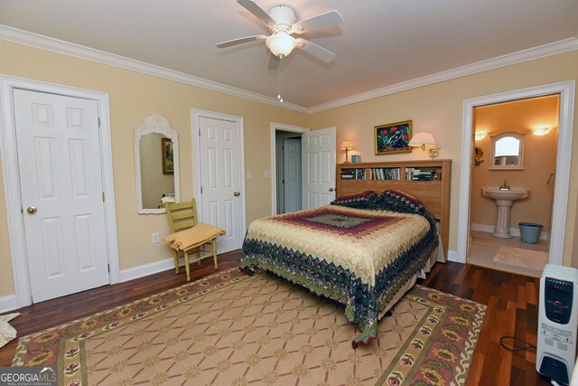 66 Pine Ridge Ct, Ellijay, GA 30536 - bedroom with heating unit, baseboards, ornamental molding, a sink, and wood finished floors