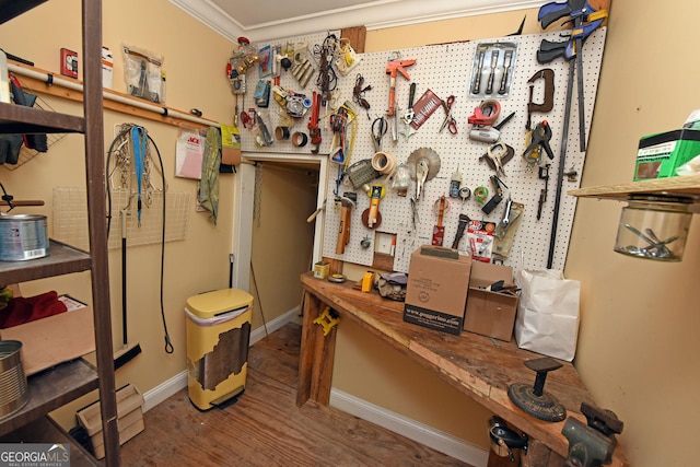 miscellaneous room featuring crown molding, baseboards, a workshop area, and wood finished floors