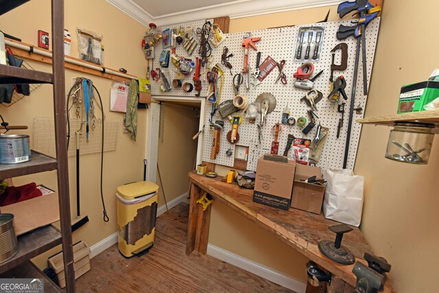 66 Pine Ridge Ct, Ellijay, GA 30536 - misc room with a workshop area, baseboards, crown molding, and wood finished floors