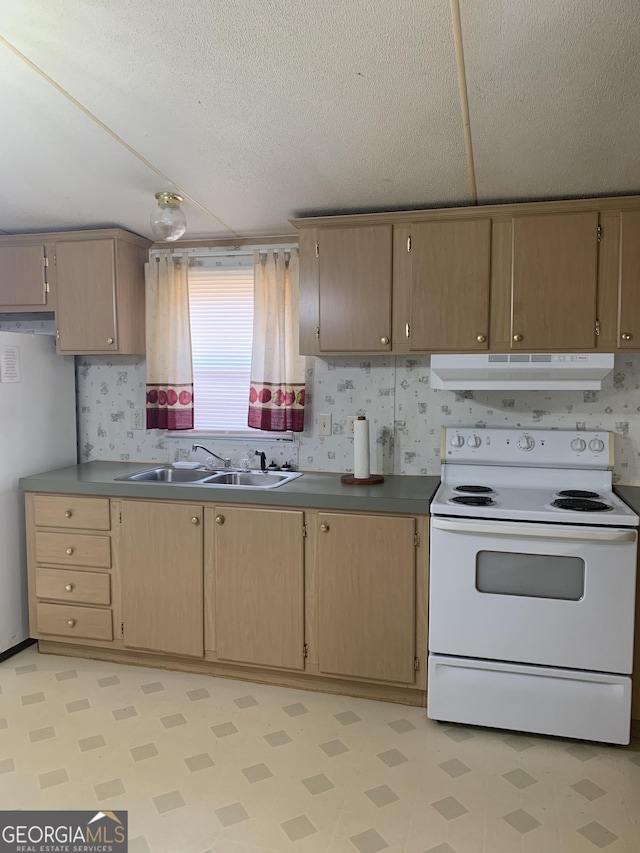 kitchen with white electric range, a sink, light floors, and under cabinet range hood