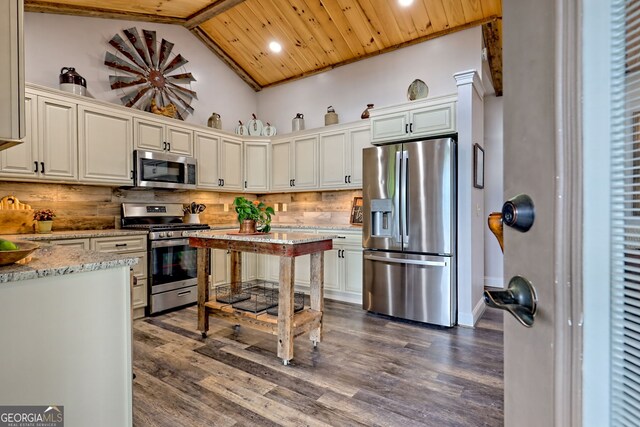 kitchen with stainless steel appliances, dark wood-style flooring, decorative backsplash, wooden ceiling, and recessed lighting