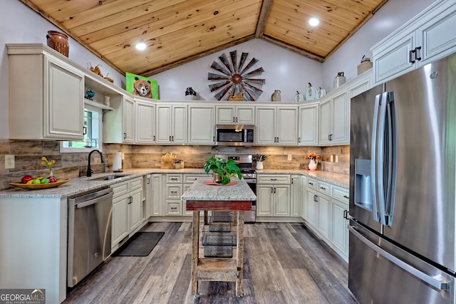 kitchen with appliances with stainless steel finishes, a sink, wood ceiling, dark wood-type flooring, and open shelves