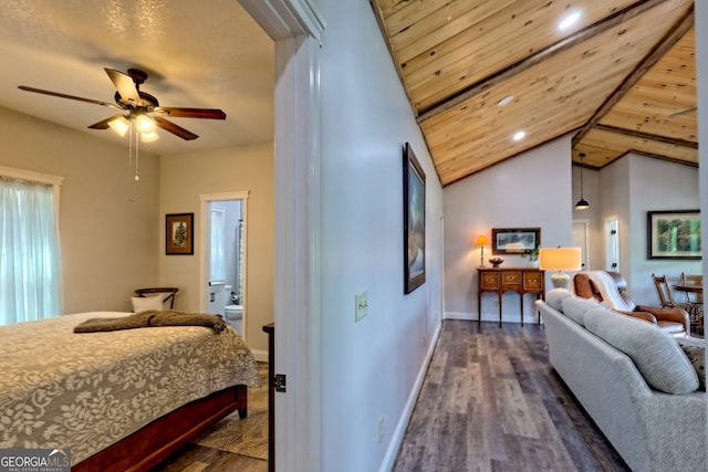 corridor with recessed lighting, vaulted ceiling, dark wood-style flooring, baseboards, and wooden ceiling