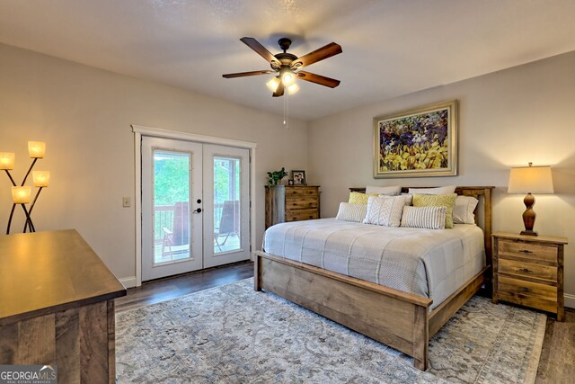 bedroom with access to outside, french doors, wood finished floors, and baseboards