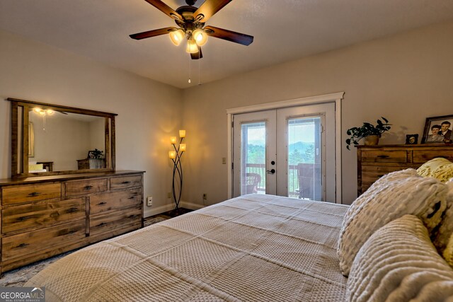 bedroom with french doors, access to outside, baseboards, and ceiling fan
