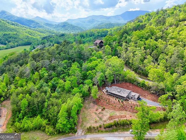 drone / aerial view of a heavily wooded area and a mountain backdrop