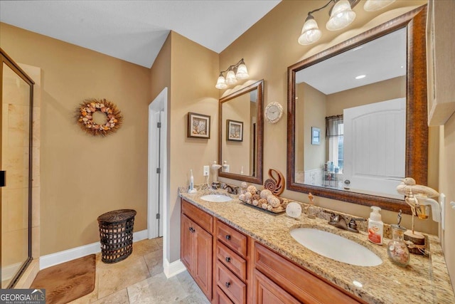 404 Hunts Landing Dr, Kathleen, GA 31047 - bathroom with double vanity, tiled shower, and a sink
