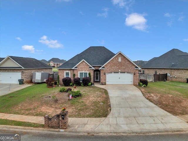 404 Hunts Landing Dr, Kathleen, GA 31047 - view of front of property with a garage, a front lawn, fence, brick siding, and driveway