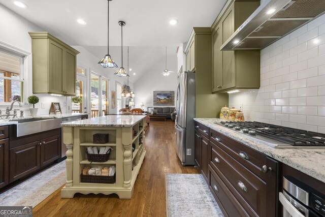 112 Pebblebrooke Run, Canton, GA 30115 - kitchen with custom range hood, a sink, appliances with stainless steel finishes, and green cabinets