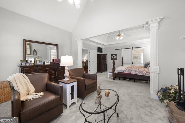 112 Pebblebrooke Run, Canton, GA 30115 - bedroom featuring decorative columns, high vaulted ceiling, and light carpet