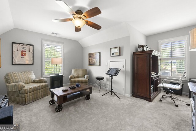 112 Pebblebrooke Run, Canton, GA 30115 - living area featuring ceiling fan, light colored carpet, baseboards, vaulted ceiling, and visible vents