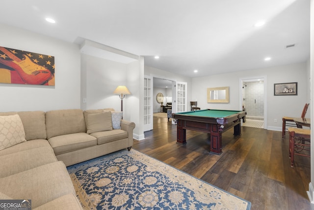 112 Pebblebrooke Run, Canton, GA 30115 - playroom featuring visible vents, wood finished floors, baseboards, pool table, and french doors