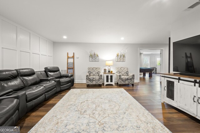 112 Pebblebrooke Run, Canton, GA 30115 - living room featuring dark wood-style flooring, recessed lighting, pool table, baseboards, and visible vents