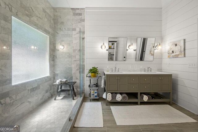 112 Pebblebrooke Run, Canton, GA 30115 - full bathroom featuring double vanity, a walk in shower, wood finish floors, and a sink