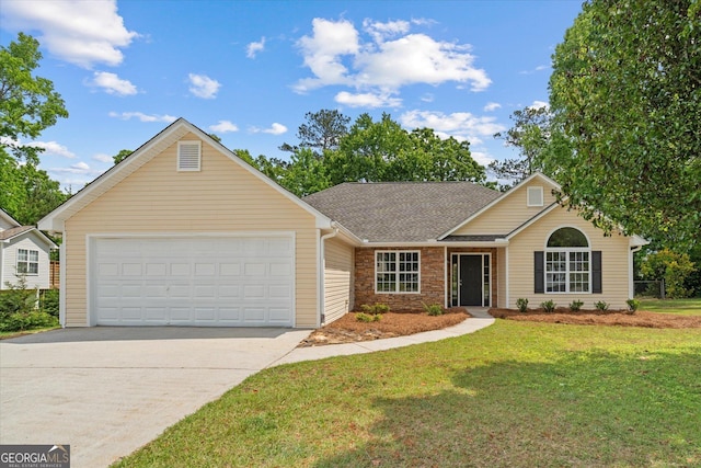 ranch-style house featuring roof with shingles, an attached garage, concrete driveway, and a front lawn