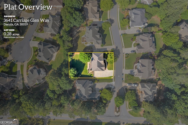3641 Carriage Glen Way, Dacula, GA 30019 - aerial view of residential area with property boundaries highlighted