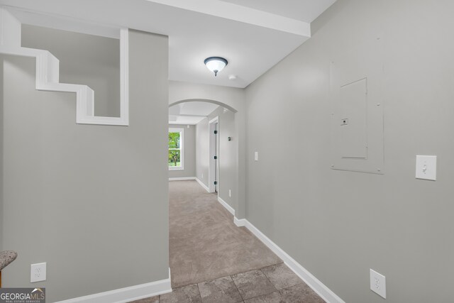 3641 Carriage Glen Way, Dacula, GA 30019 - hallway with arched walkways, baseboards, carpet, and electric panel