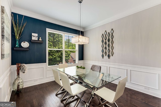 5934 Norfolk Chase Rd, Peachtree Corners, GA 30092 - dining room with a decorative wall, wood finished floors, ornamental molding, a chandelier, and wainscoting