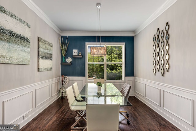 5934 Norfolk Chase Rd, Peachtree Corners, GA 30092 - dining space featuring an inviting chandelier, dark wood-type flooring, wainscoting, and ornamental molding