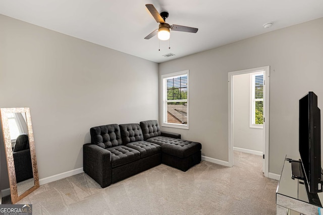 5934 Norfolk Chase Rd, Peachtree Corners, GA 30092 - sitting room with light colored carpet, baseboards, a ceiling fan, and visible vents