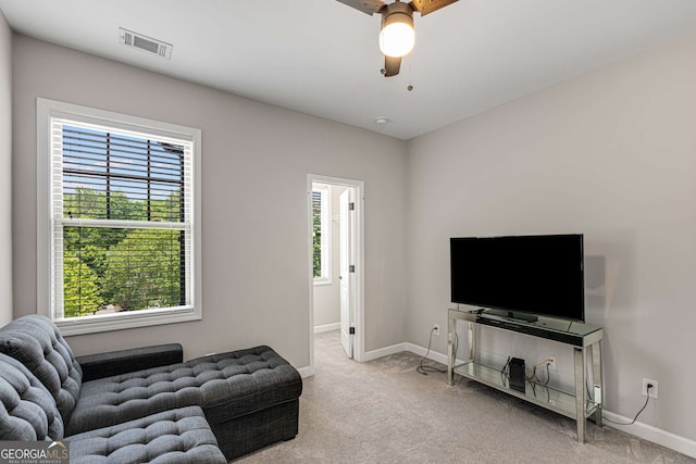 5934 Norfolk Chase Rd, Peachtree Corners, GA 30092 - living area with carpet flooring, visible vents, baseboards, and a ceiling fan