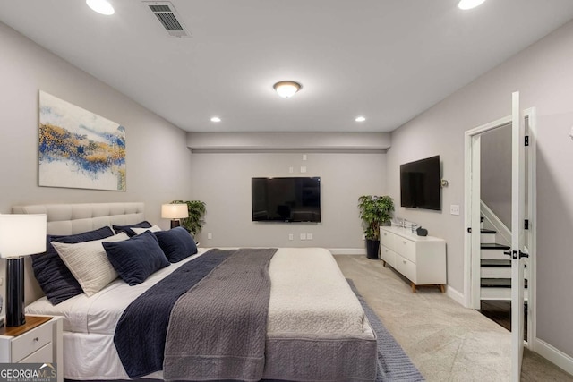 5934 Norfolk Chase Rd, Peachtree Corners, GA 30092 - bedroom featuring light colored carpet, baseboards, visible vents, and recessed lighting