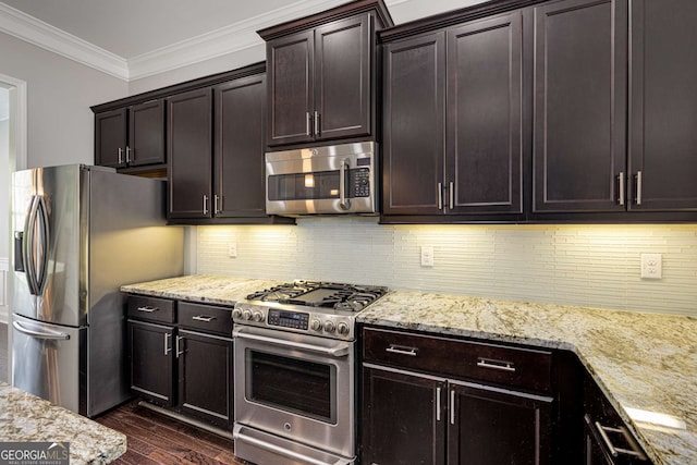 5934 Norfolk Chase Rd, Peachtree Corners, GA 30092 - kitchen with crown molding, stainless steel appliances, light stone counters, and dark wood-style floors
