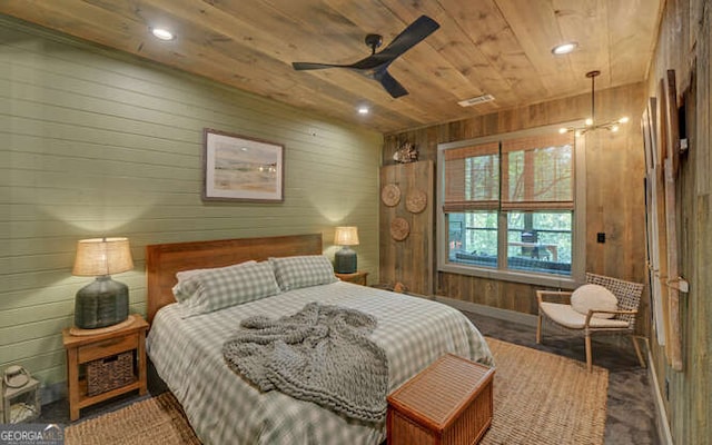 bedroom with recessed lighting, wooden ceiling, wood walls, and visible vents